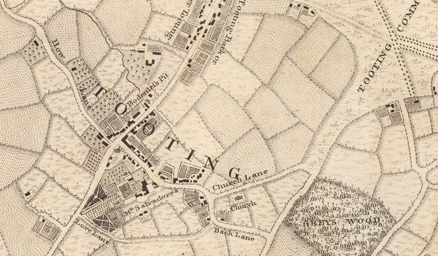 Antiguo mapa del suroeste de Londres en 1746 por John Rocque - Wimbledon, Tooting, Merton, Mitcham, Morden, SW12, SW15, SW17, SW18, SW19, SW20