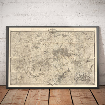 Old Map of London and 10 miles around by John Rocque in 1746 - featuring Hackney, Wimbledon, Highgate, Richmond and other London suburbs