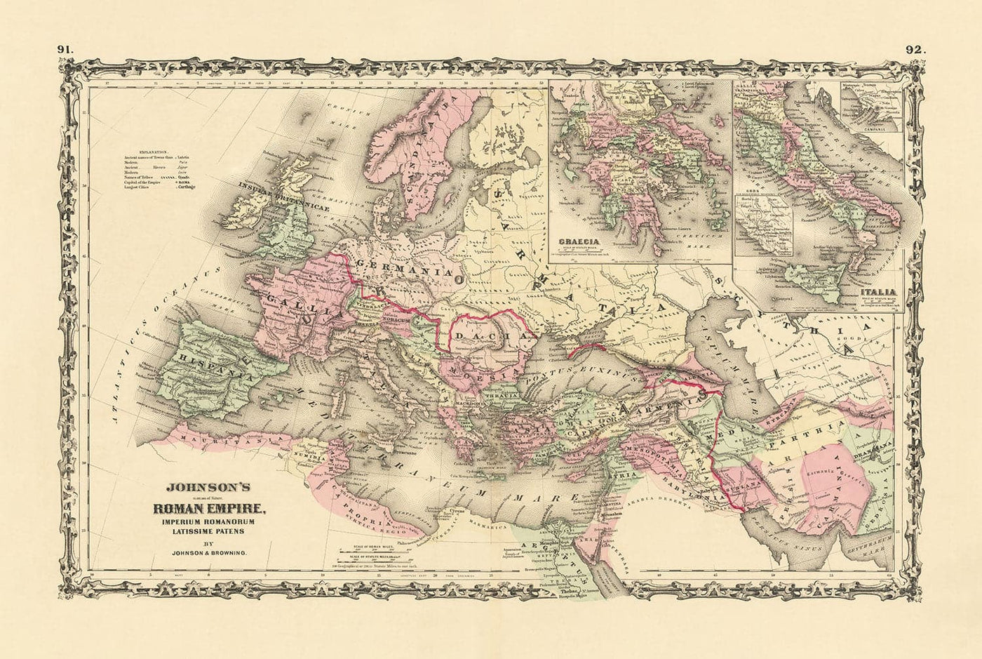 Alte römische Reichkarte von Europa, Afrika & Asien von Johnson und Browning - Historisches Diagramm des Byzantinischen Reiches