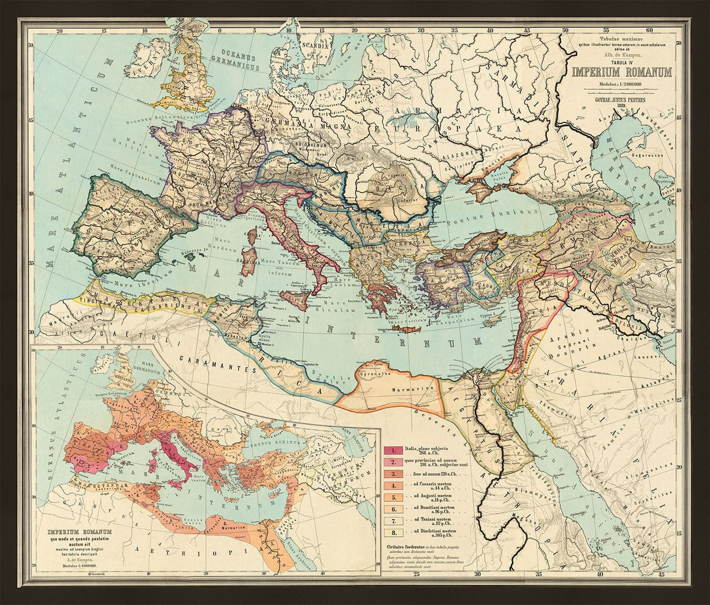 Mapa del mundo del Empire Roman Old de 266BC a 305AD por Perthes & Kampen, 1889 - Mapa raro de Bizntine, Occidental y East Roman Empire