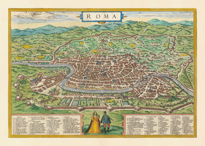Viejo Mapa de Roma, 1572 de Braun - Ciudad del Vaticano, Palacio de Papal, Foro, Panteón, Ruinas antiguas, Coliseo