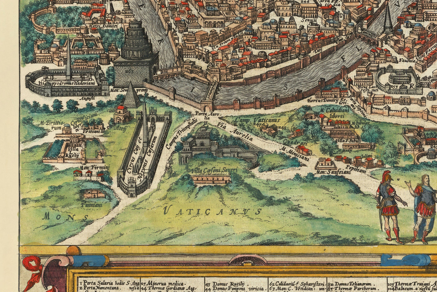 Alte Karte von Rom, 1588 von Georg Braun - Forum, Pantheon, Circus Maximus, Kolosseum, Vatikan