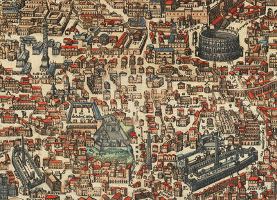 Ancienne carte de Rome, 1588 par Georg Braun - Forum, Panthéon, Circus Maximus, Colisée, Vatican