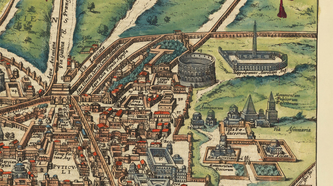 Ancienne carte de Rome, 1588 par Georg Braun - Forum, Panthéon, Circus Maximus, Colisée, Vatican