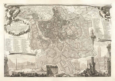Raro mapa antiguo de Roma, Italia, por Nolli & Piranesi, 1748 - Vaticano, Basílica de San Pedro, Fuente de Trevi, Coliseo
