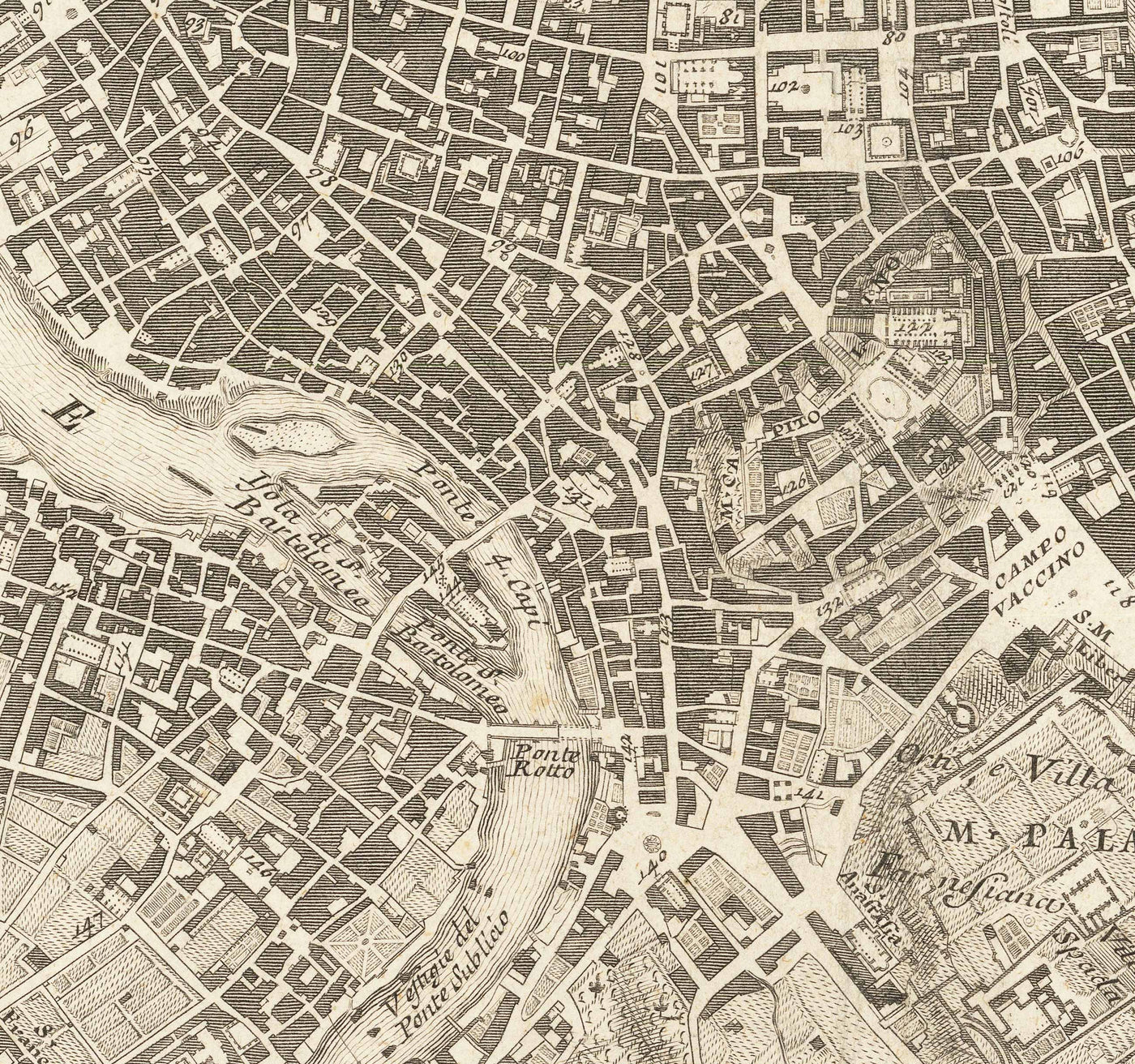 Raro mapa antiguo de Roma, Italia, por Nolli & Piranesi, 1748 - Vaticano, Basílica de San Pedro, Fuente de Trevi, Coliseo