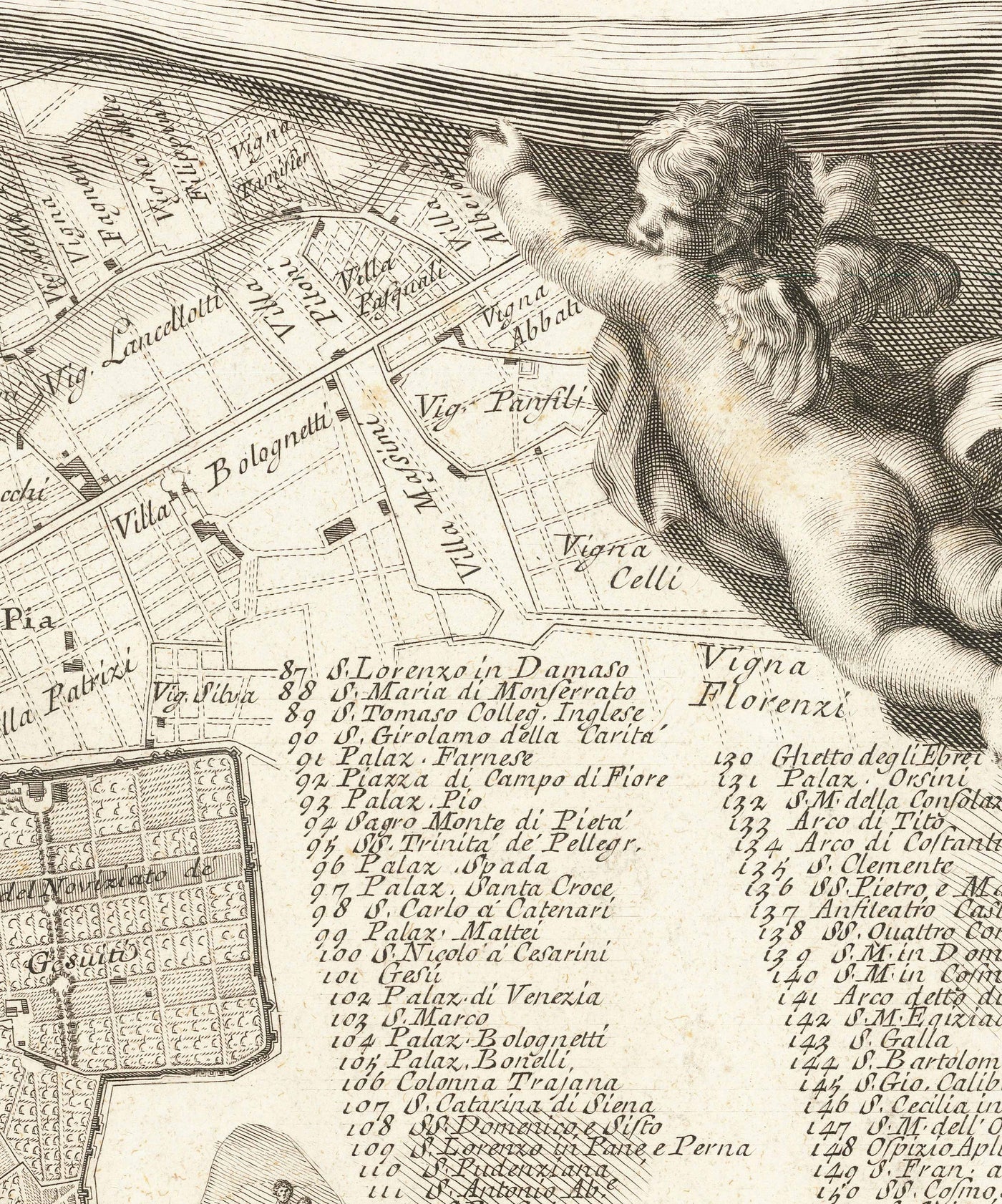 Rare ancienne carte de Rome, Italie par Nolli & Piranesi, 1748 - Vatican, Basilique St Peter, Trevi Fountain, Colosseum
