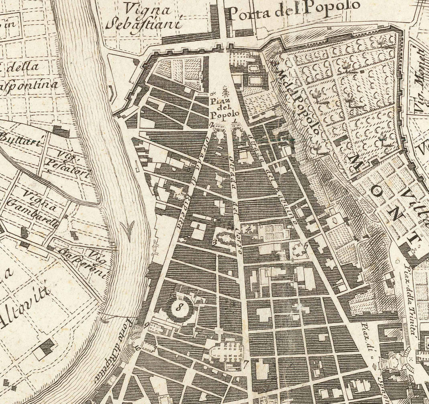 Rare ancienne carte de Rome, Italie par Nolli & Piranesi, 1748 - Vatican, Basilique St Peter, Trevi Fountain, Colosseum
