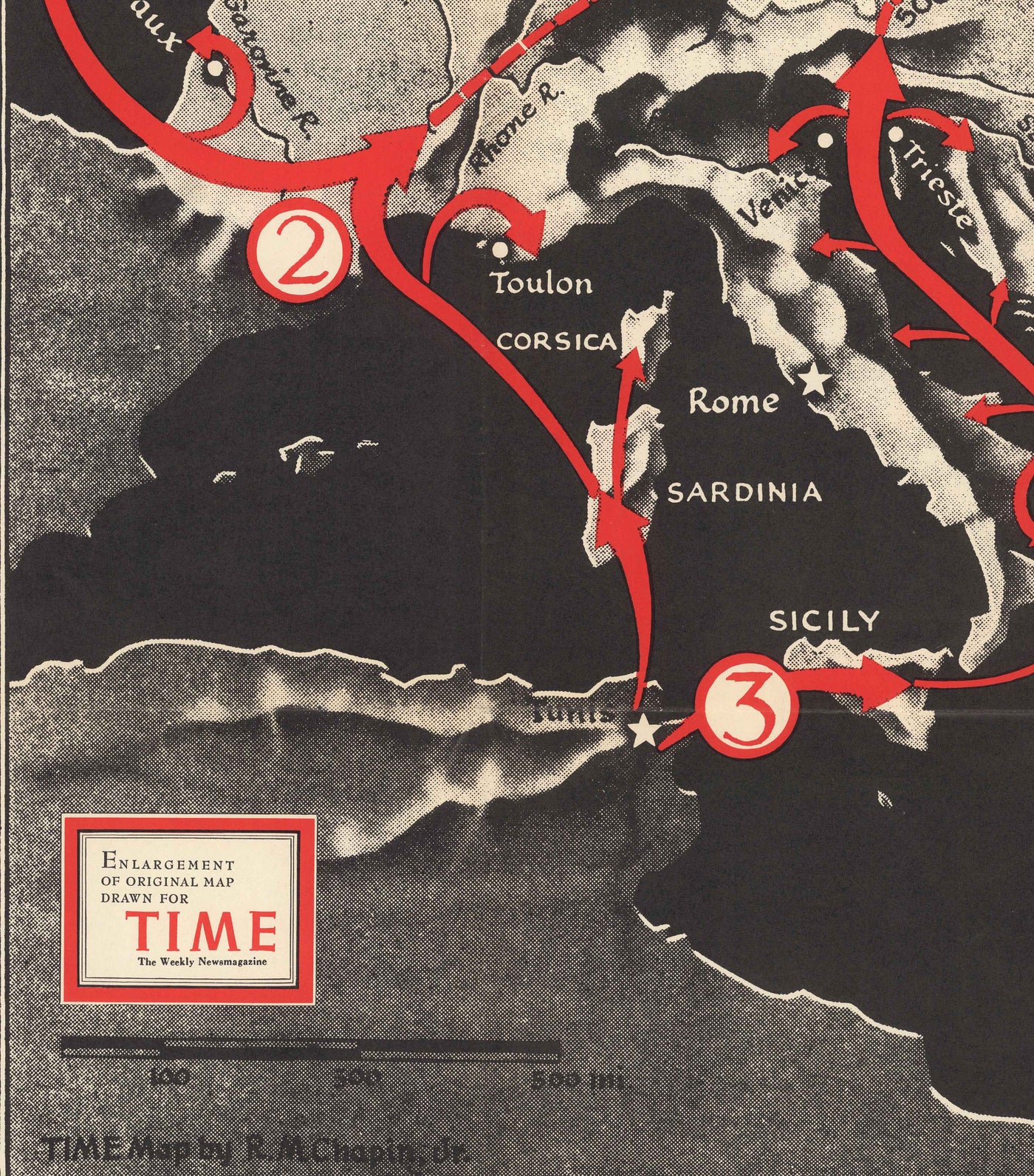 Les routes vers Berlin, 1943 - Ancienne carte de la Seconde Guerre mondiale (avec un triste petit Hitler)