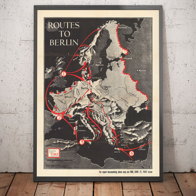 Las rutas a Berlín, 1943 - Antiguo mapa de la Segunda Guerra Mundial (con un triste Hitler)