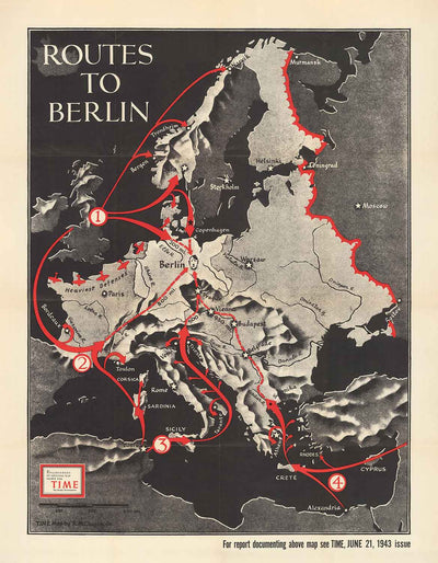 Die Routen nach Berlin, 1943 - Alte Karte aus dem 2. Weltkrieg (mit einem traurigen kleinen Hitler)