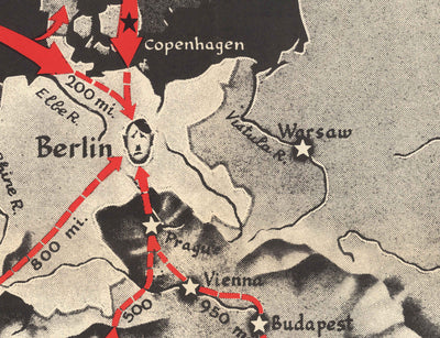 Las rutas a Berlín, 1943 - Antiguo mapa de la Segunda Guerra Mundial (con un triste Hitler)
