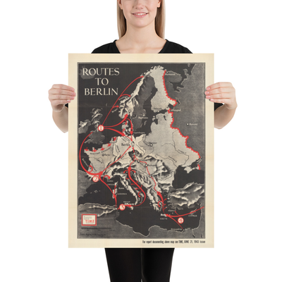Die Routen nach Berlin, 1943 - Alte Karte aus dem 2. Weltkrieg (mit einem traurigen kleinen Hitler)