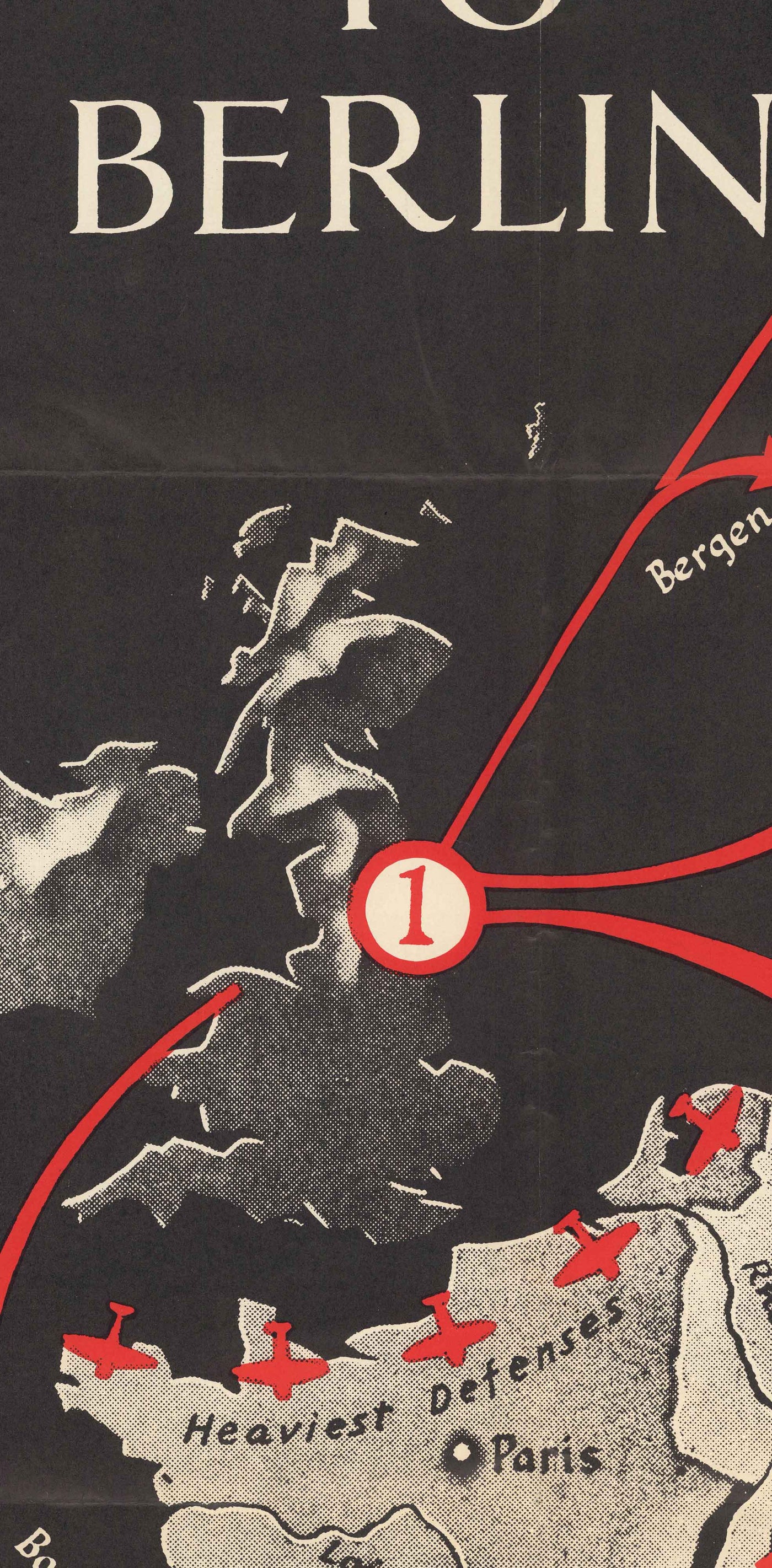 Les routes vers Berlin, 1943 - Ancienne carte de la Seconde Guerre mondiale (avec un triste petit Hitler)