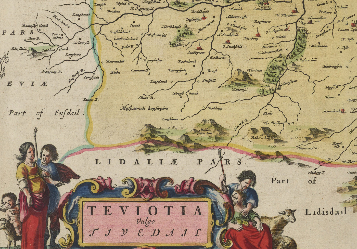 Ancienne carte du Roxburghshire en 1665 par Joan Blaeu - Roxburgh, Branxholm, Hawick, Harwood on Teviot, Ancrum