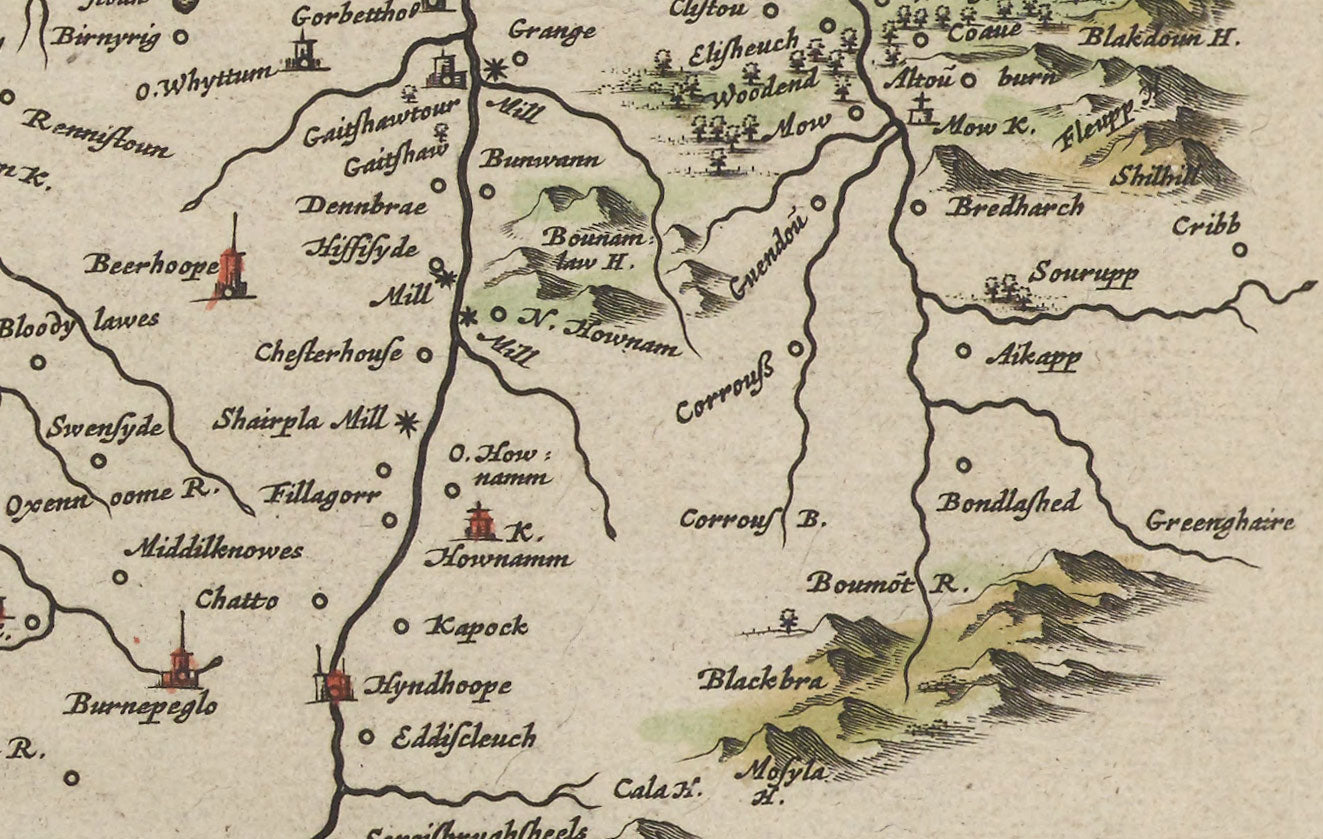 Alte Karte von Roxburghshire im Jahr 1665 von Joan Blaeu - Roxburgh, Branxholm, Hawick, Harwood on Teviot, Ancrum