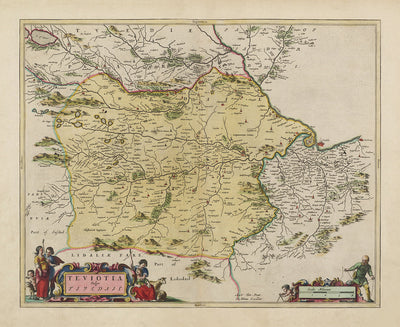 Ancienne carte du Roxburghshire en 1665 par Joan Blaeu - Roxburgh, Branxholm, Hawick, Harwood on Teviot, Ancrum