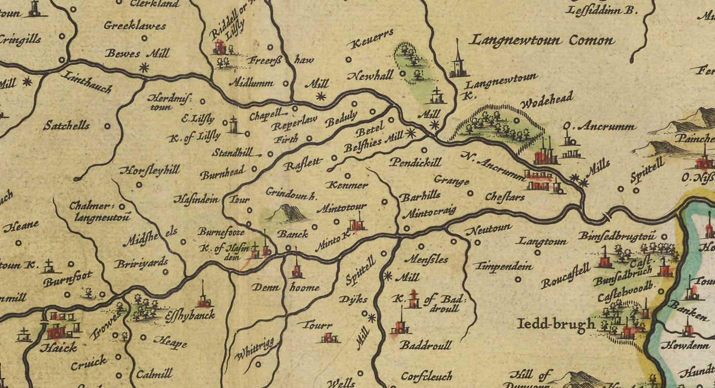 Antiguo mapa de Roxburghshire en 1665 por Joan Blaeu - Roxburgh, Branxholm, Hawick, Harwood on Teviot, Ancrum