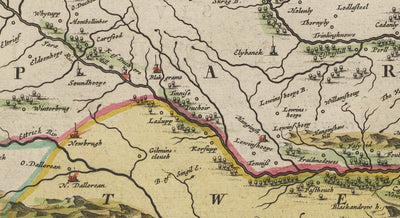 Antiguo mapa de Roxburghshire en 1665 por Joan Blaeu - Roxburgh, Branxholm, Hawick, Harwood on Teviot, Ancrum