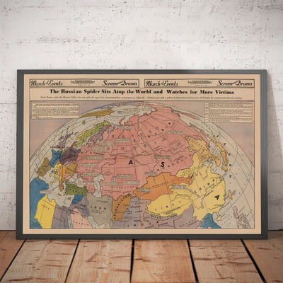 Weltkrieg 2 Anti UdSR Propaganda Poster Karte von Europa & Asien - der sowjetische Spinne sitzt auf der Welt
