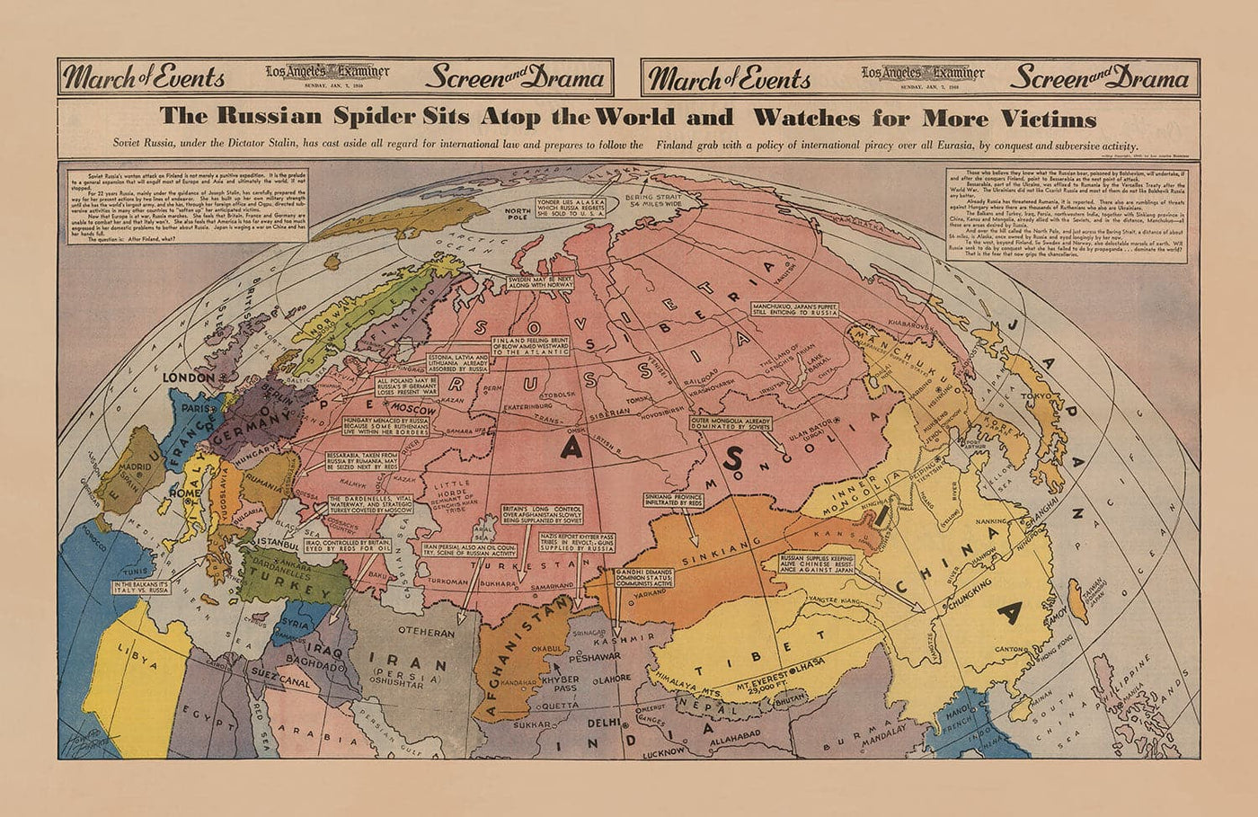 Poster de propagande de la Seconde Guerre mondiale Carte de l'Europe et de l'Asie - L'araignée soviétique se trouve au sommet du monde