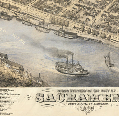 Alte Vögel SEug-Karte von Sacramento von Augustus Koch, 1870 - Downtown, Midtown, California Capitol