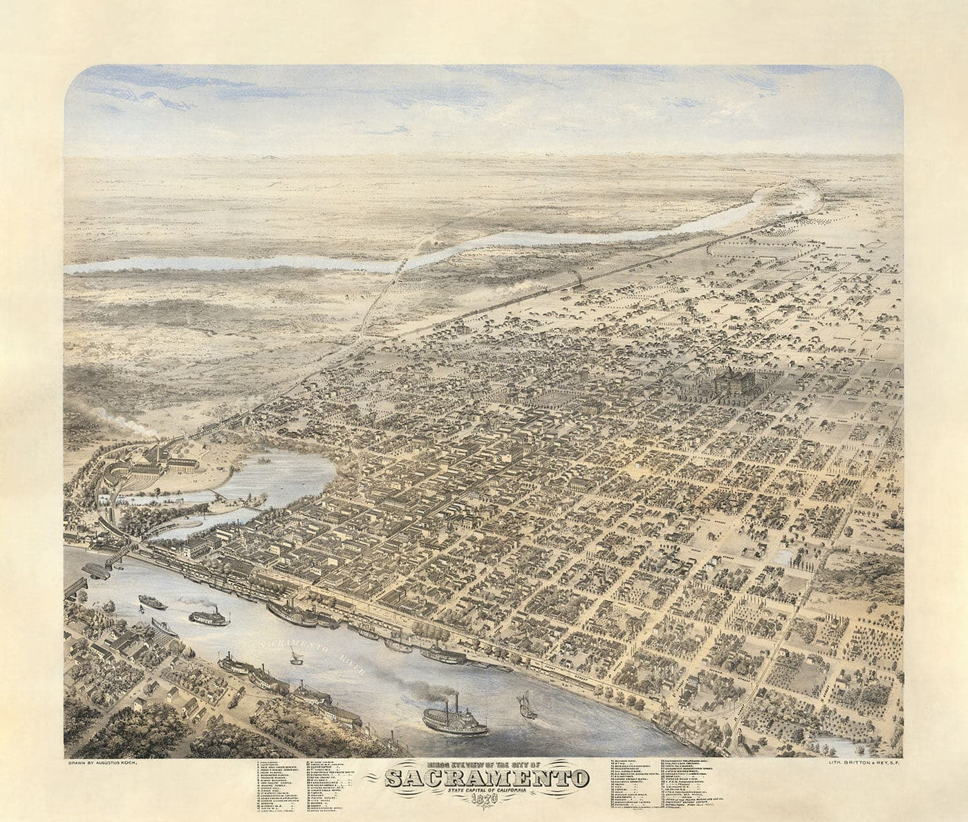 Alte Vögel SEug-Karte von Sacramento von Augustus Koch, 1870 - Downtown, Midtown, California Capitol