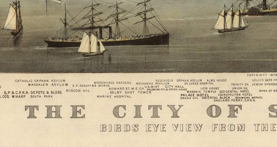 Mappa antica di Birds Eye di San Francisco nel 1878 - Bay Area, Golden Gate, Corsa all&