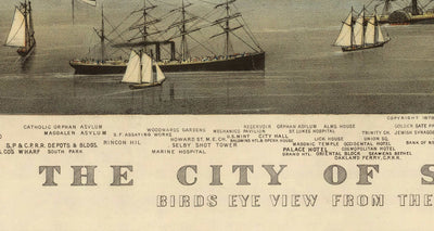 Vieux oiseaux Carte des yeux de San Francisco en 1878 - Baie de la baie, Golden Gate, Gold Rush, Mission Bay, North Beach