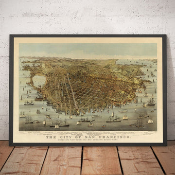 Mappa antica di Birds Eye di San Francisco nel 1878 - Bay Area, Golden Gate, Corsa all&