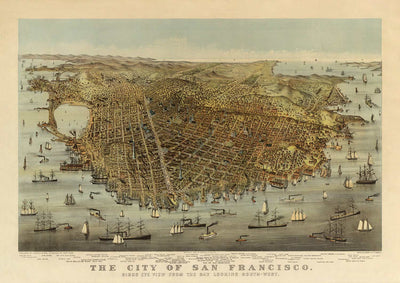 Vieux oiseaux Carte des yeux de San Francisco en 1878 - Baie de la baie, Golden Gate, Gold Rush, Mission Bay, North Beach
