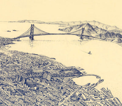 Alte Vogelplan von San Francisco 1982 - Wolkenkratzer, Bay Area, Golden Gate Bridge, Finanzviertel, Nob Hill