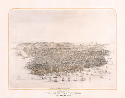 Alte Vogelbeobachtungskarte von San Francisco im Jahre 1868 - Bay Area, Golden Gate, Goldrausch, Nob Hill, North Beach