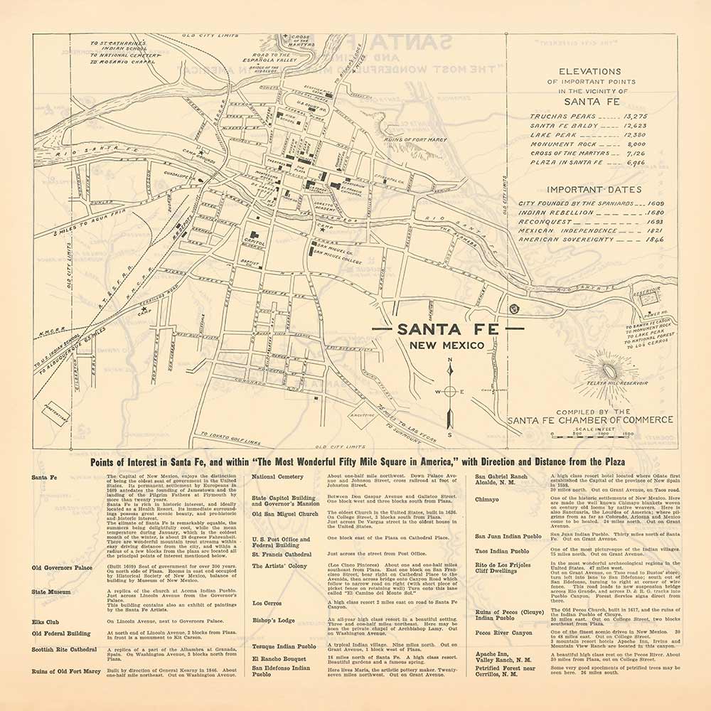 Alte Straße Karte von Santa Fe, New Mexico, 1925 - Seltenes Stadtdiagramm der Landeshauptstadt