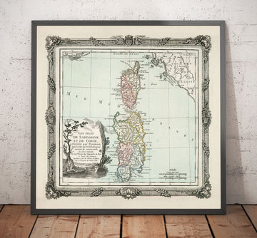 Alte Karte von Sardinien & Korsika von 1786 von Louis Charles Desnos - Sassari, Cagliari, Porto-Vecchio, Bastia, Oristano 