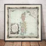 Old Map of Sardinia & Corsica in 1786 by Louis Charles Desnos - Sassari, Cagliari, Porto-Vecchio, Bastia, Oristano