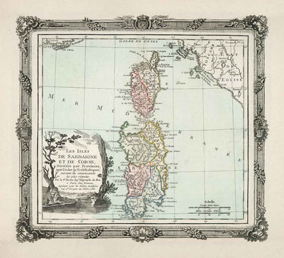 Ancienne carte de la Sardaigne et de la Corse en 1786 par Louis Charles Desnos - Sassari, Cagliari, Porto-Vecchio, Bastia, Oristano