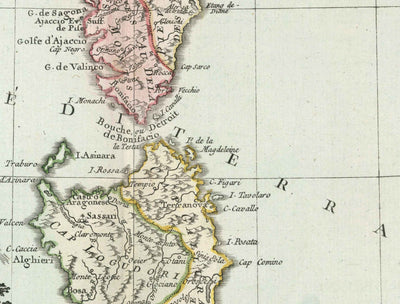 Antiguo mapa de Cerdeña y Córcega en 1786 por Louis Charles Desnos - Sassari, Cagliari, Porto-Vecchio, Bastia, Oristano