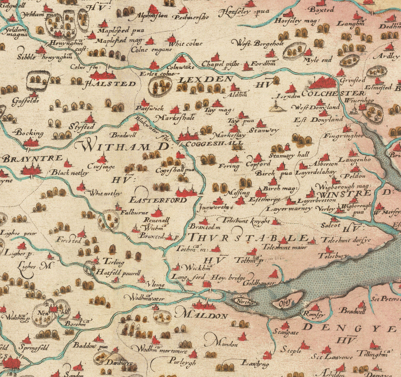Ancienne carte d'Essex 1579 de Christopher Saxton - Première carte d'Essex - Southend, Colchester, Chelmsford, Romford, Dagenham, Brentwood