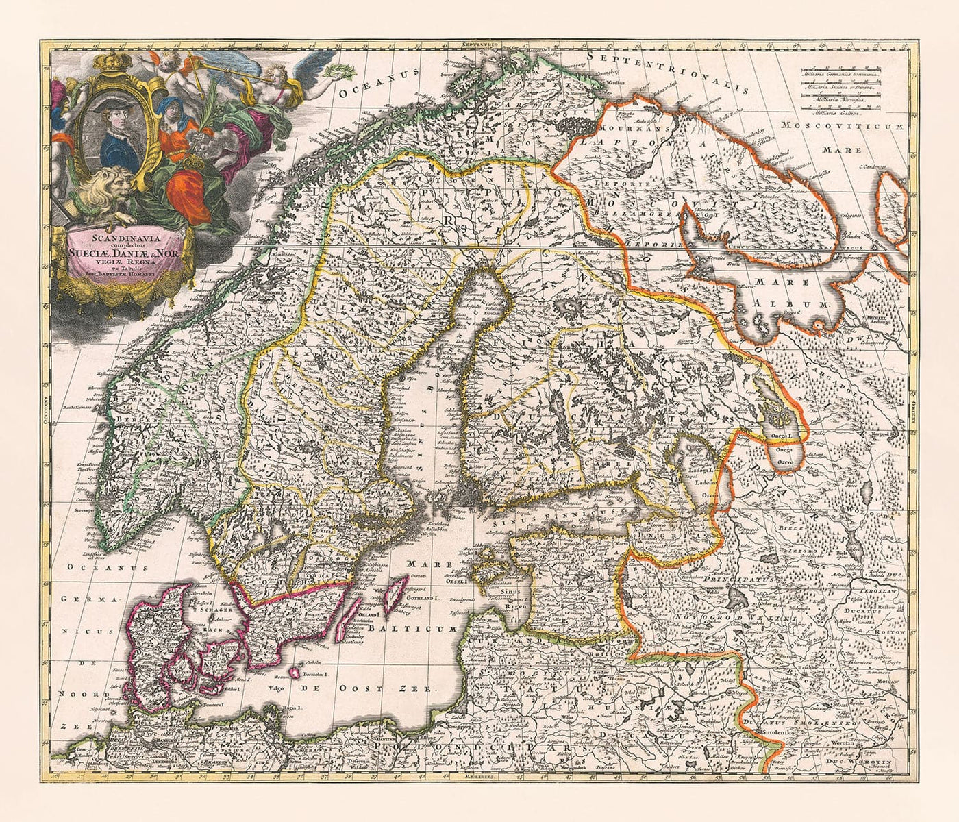 Ancienne carte de Scandinavie, 1720 de Johann Baptist Homann - Nordic, Baltique, Danemark, Suède, Finlande, Russie, Estonie, Lettonie, Lituanie
