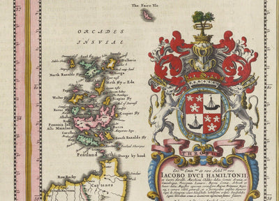 Ancienne carte de l'Écosse, des îles Shetland et des Orcades en 1654 par Joan Blaeu d'après le Theatrum Orbis Terrarum Sive Atlas Novus