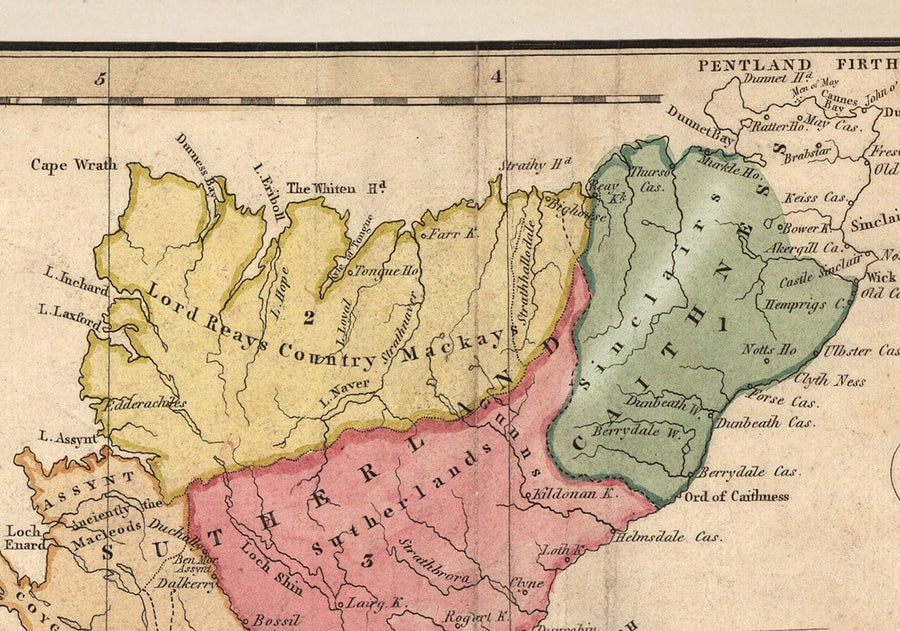 Mappa dei Clan della Scozia - Mappa a colori rara delle Highlands di Scozia di WH Lizars, 1822 
