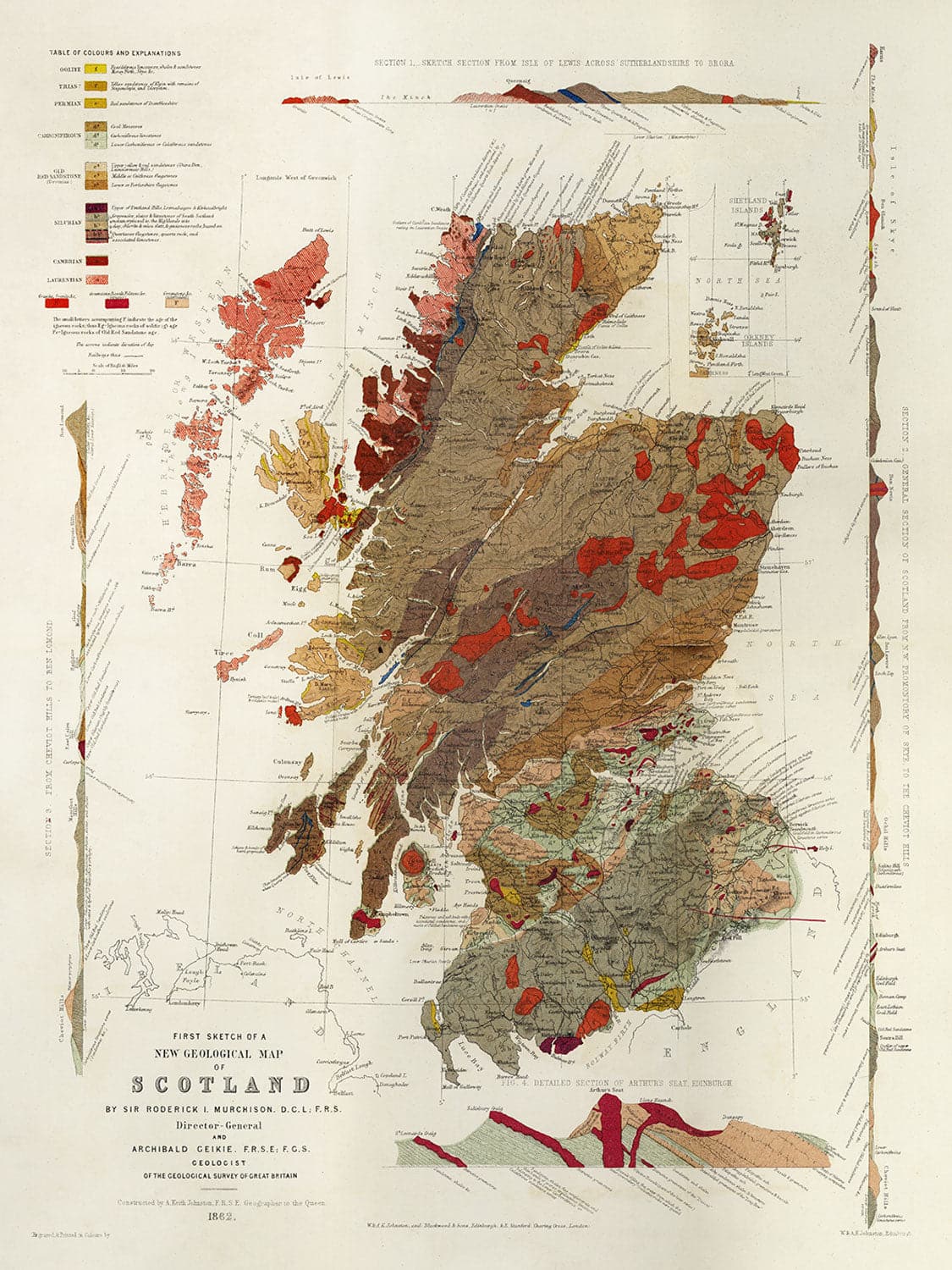Ancienne carte de l'Ecosse Géologie de Roderick I. Murchison 1862 - Skye, Shetland, Orkney, Highlands