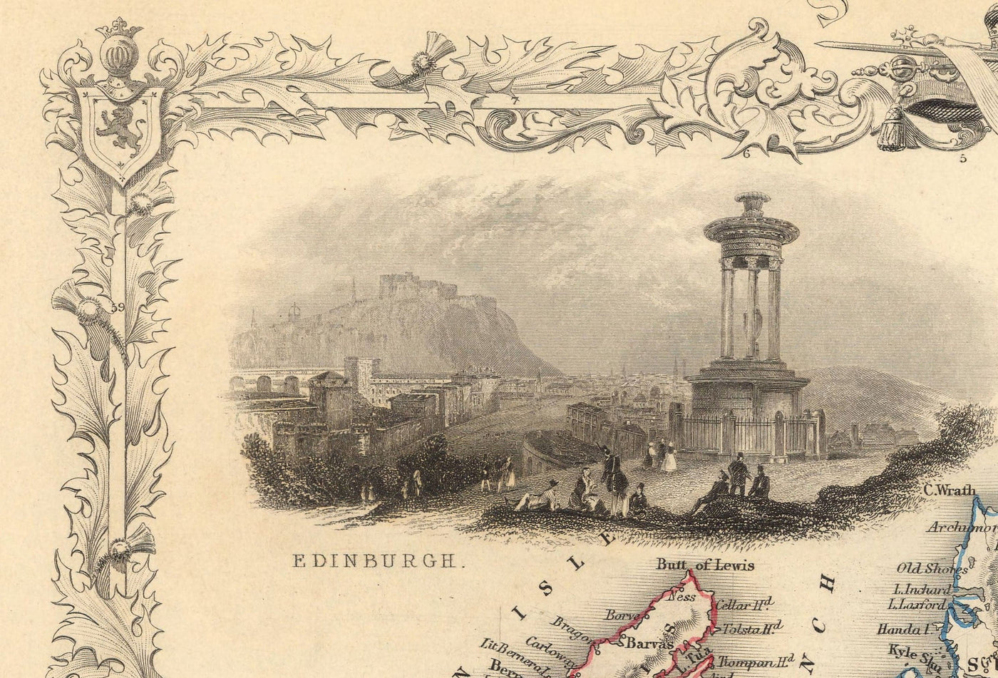 Alte Karte von Schottland 1851 von J. Tallis - Vintage Wandkunst, antike Karte von schottischen Grafschaften
