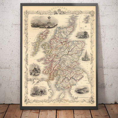 Viejo mapa de Escocia en 1851 por J. Tallis - Arte de la pared de la vendimia, mapa antiguo de los condados escoceses