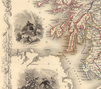 Ancienne carte d'Écosse en 1851 par J. Tallis - Art mural vintage, carte antique des comtés écossais