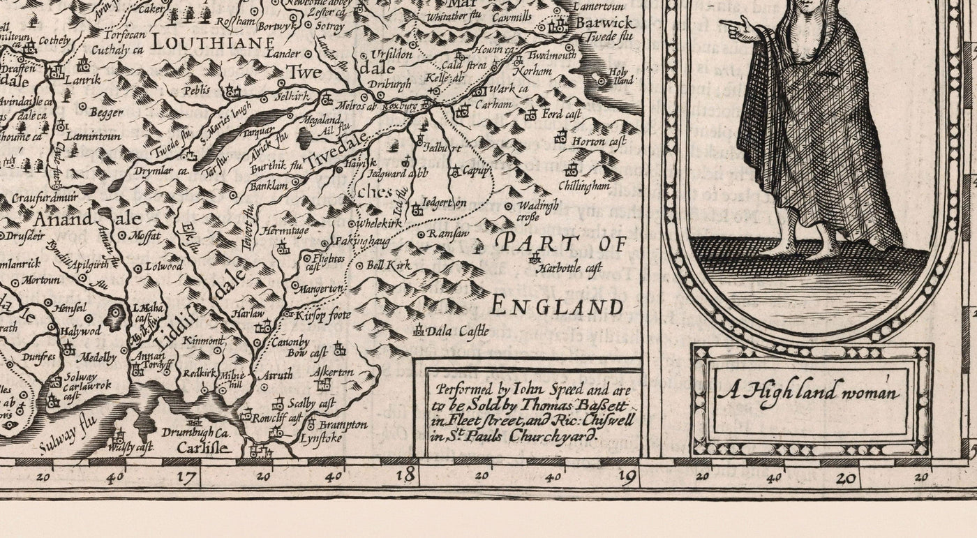 Alte monochrome Karte von Schottland, 1611 von John Speed ​​- Orkney, Shetland, Hochland, äußere Hebriden, Skye, Loch Ness
