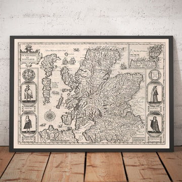 Alter monochromer Karte von Schottland, 1611 von John Speed - Orkney, Shetland, Highlands, Äußere Hebriden, Skye, Loch Ness 