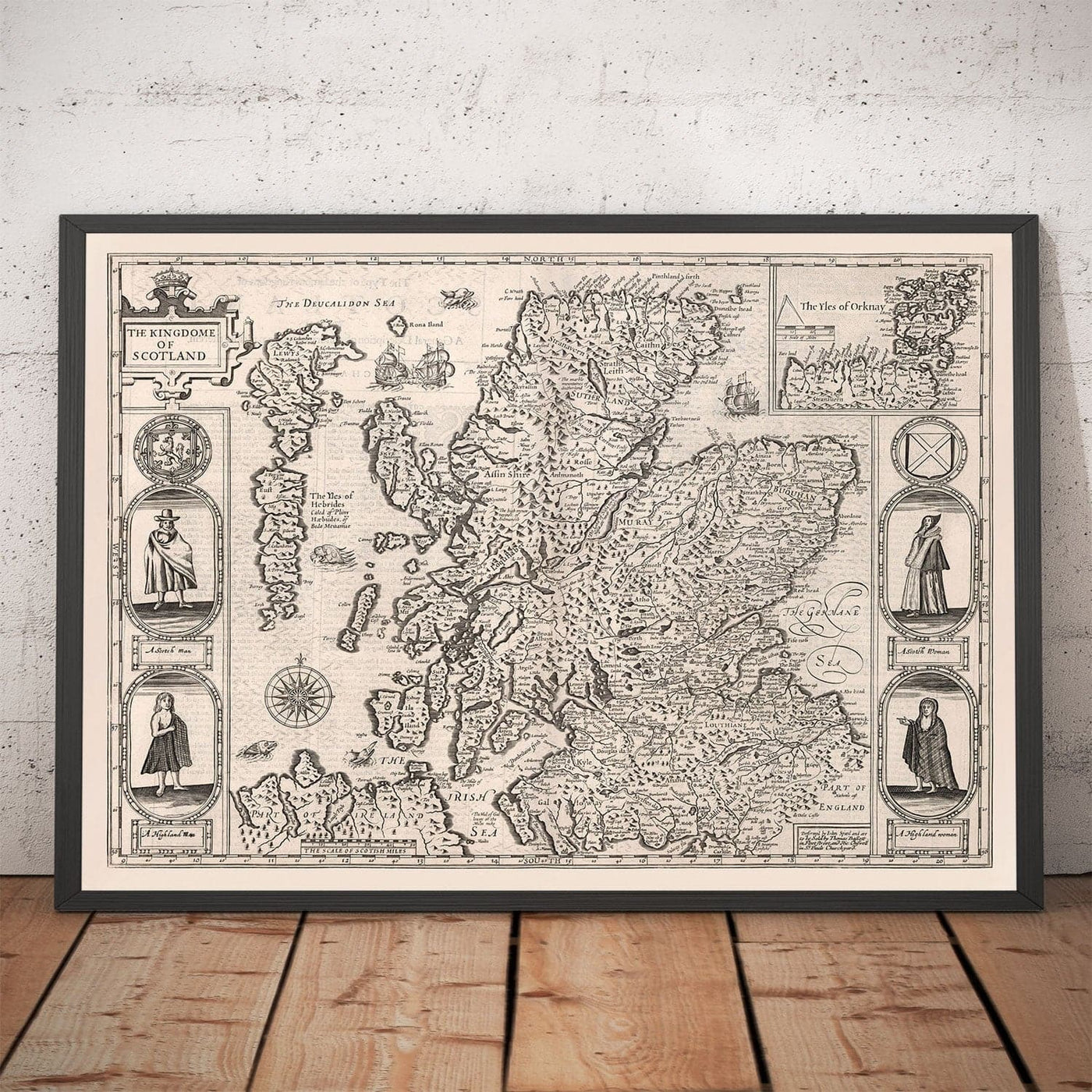 Mapa monocromo antiguo de Escocia, 1611 de John Speed ​​- Orkney, Shetland, Highlands, Hebrides exteriores, Skye, Loch Ness