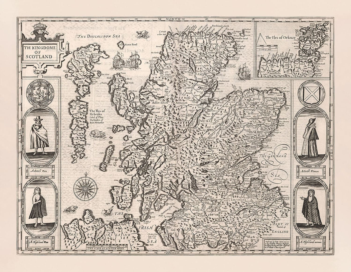Old Monochrome Carte of Scotland, 1611 par John Speed ​​- Orkney, Shetland, Highlands, Extérieur Hebrides, Skye, Loch Ness